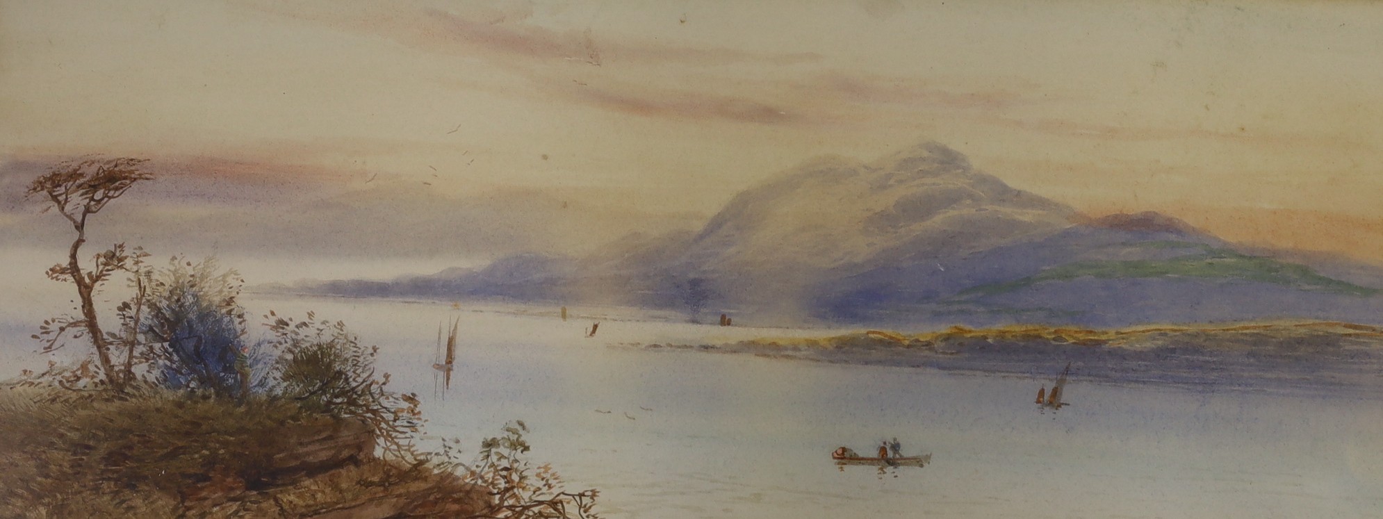 Attributed to Edwin Earp, pair of watercolours, Loch scenes, 18 x 46cm and two other watercolour landscapes by Garman Morris and Kirkpatrick